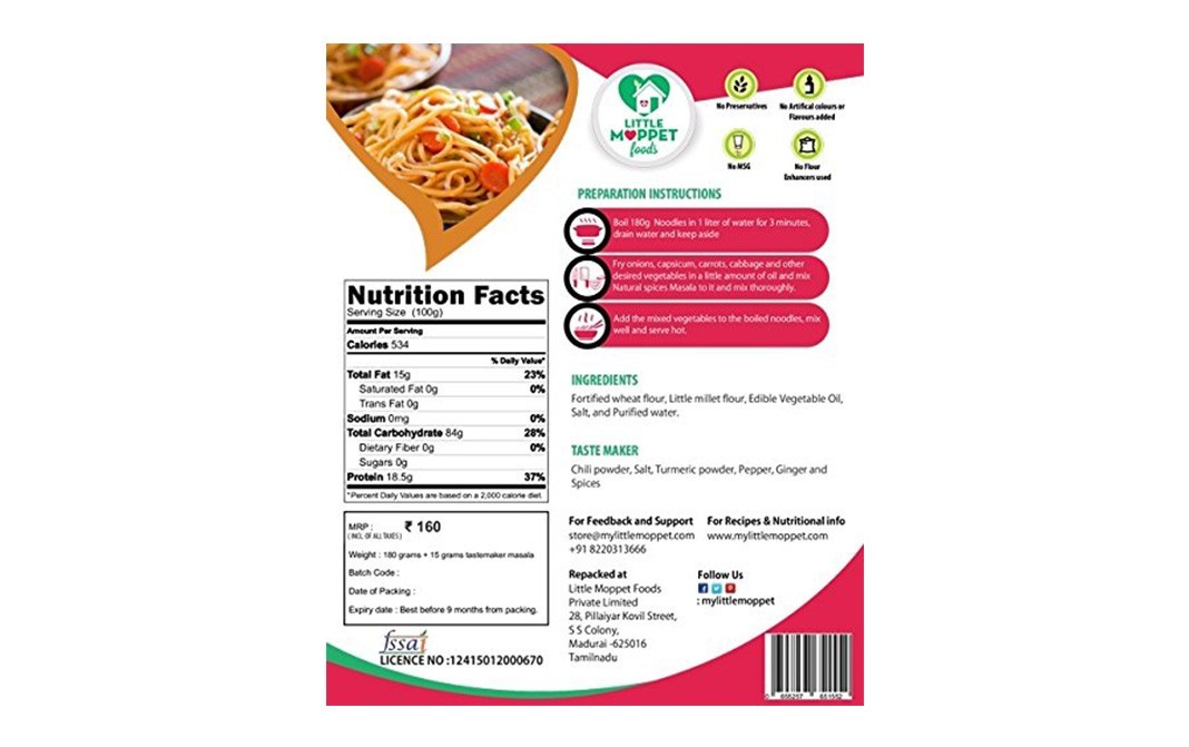Little Moppet Foods Little Millet Noodles (Kutki/ Shavan)   Pack  180 grams